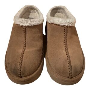 UGG Tan Suede Mules with White Fur Lining